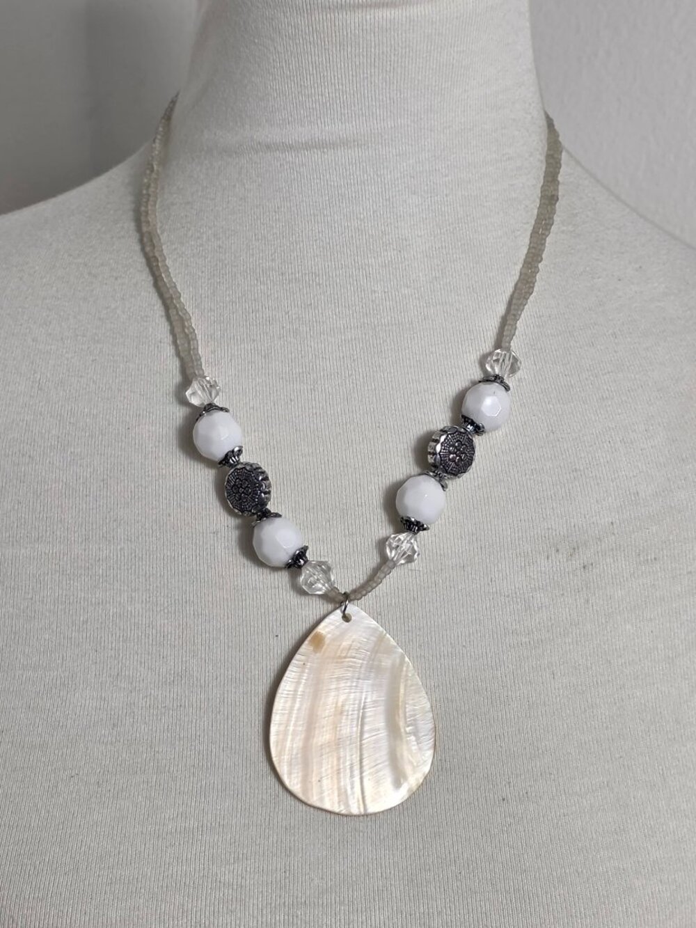 Boho-Style Beaded Statement Necklace Large Teardrop Mother-of-Pearl Pendant